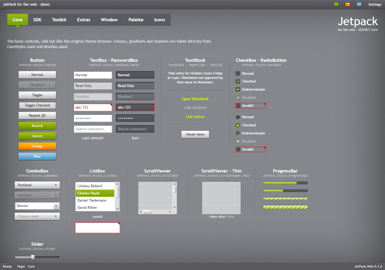 The Core tab of the web demo