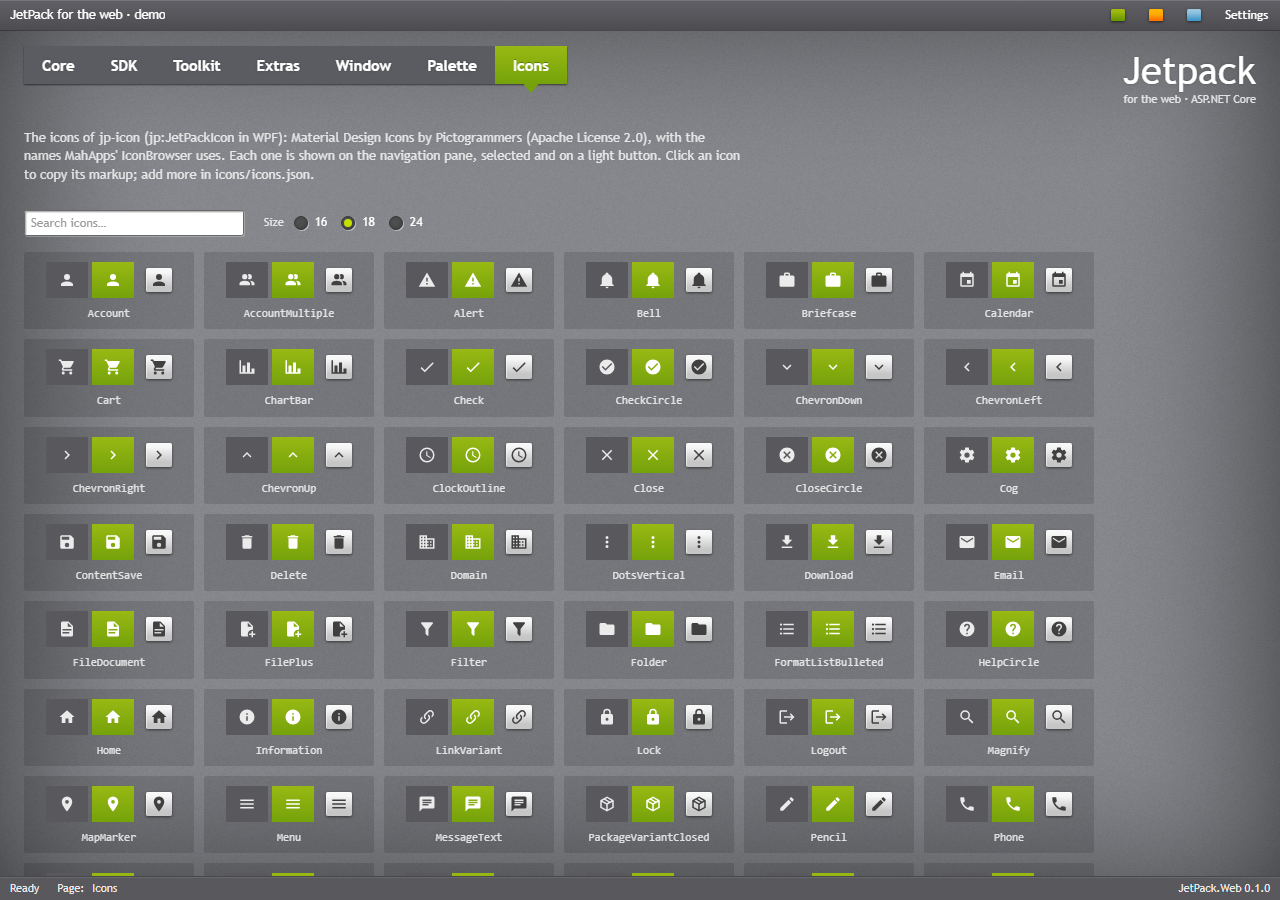 The Icons tab of the web demo
