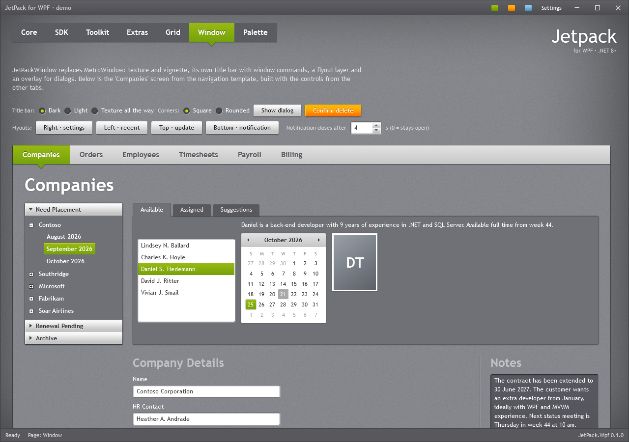 JetPackWindow with the Companies sample